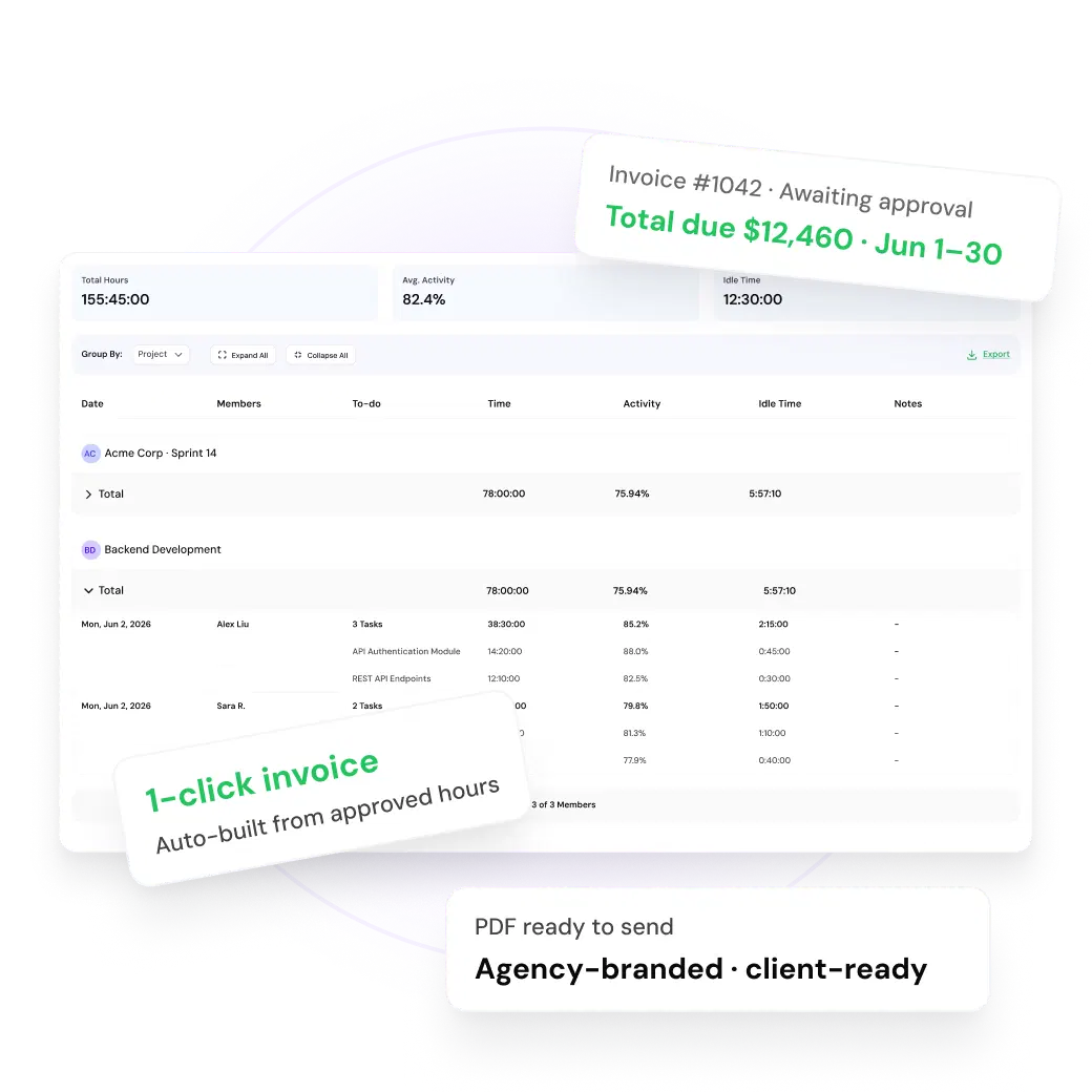 Chronixo invoice generated from approved time entries, ready for client approval